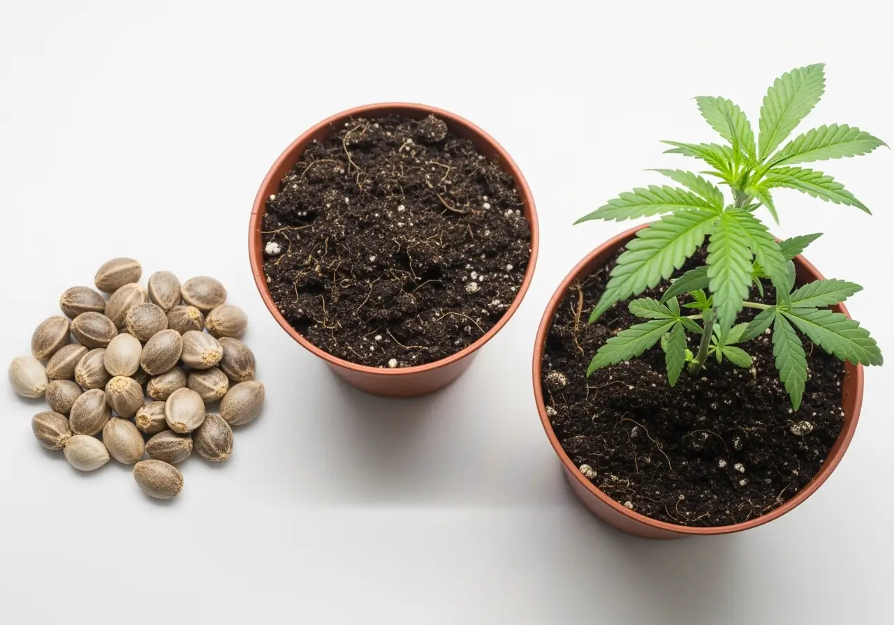 Automatische Cannabis Samen und junge Pflanze im Topf