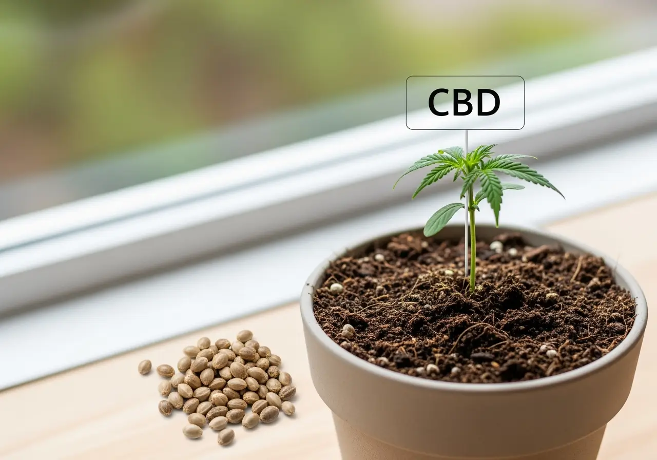 CBD reiche Cannabis Samen und junge Pflanze im Topf