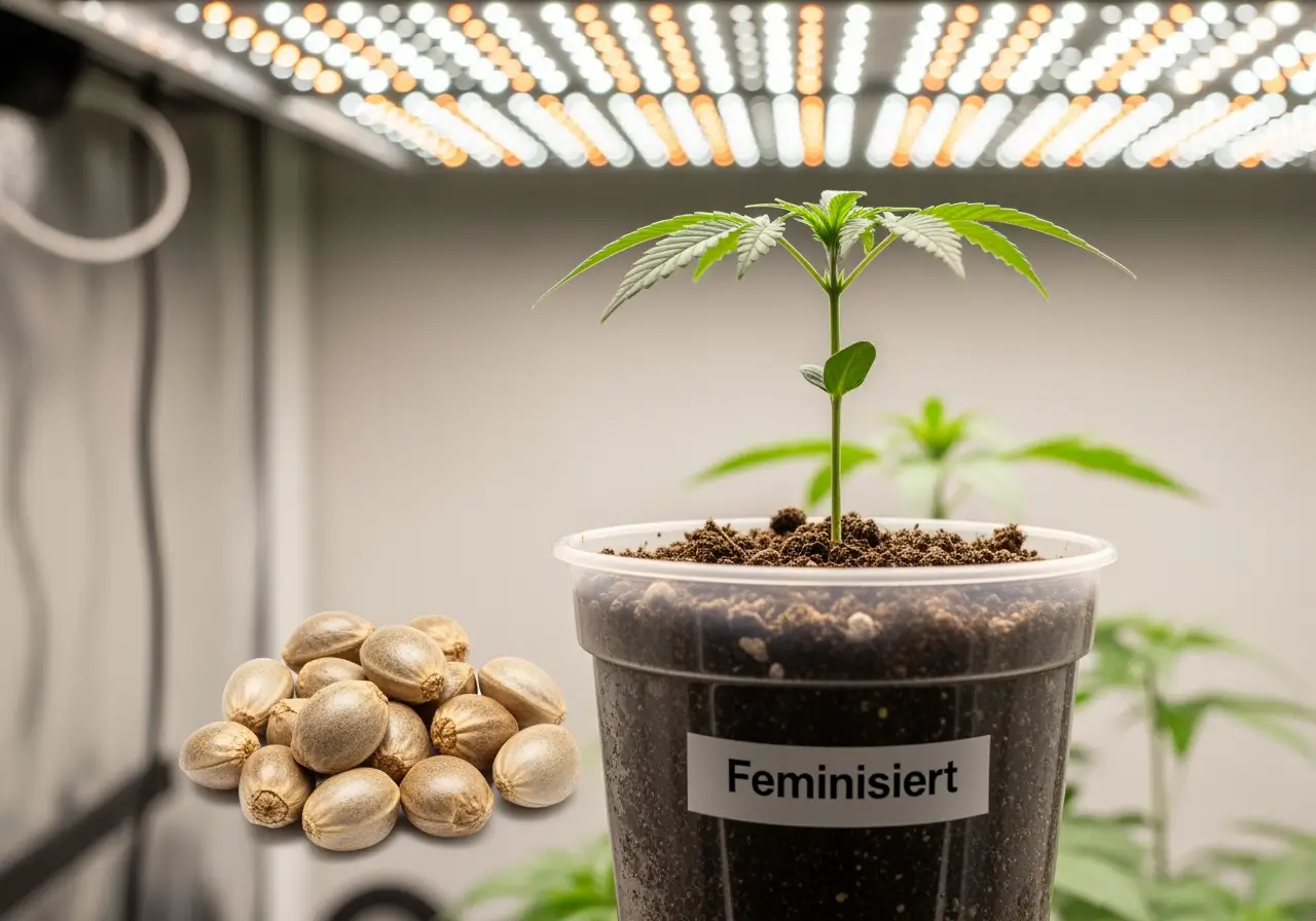 Feminisierte Cannabis Samen und junge Pflanze im Topf
