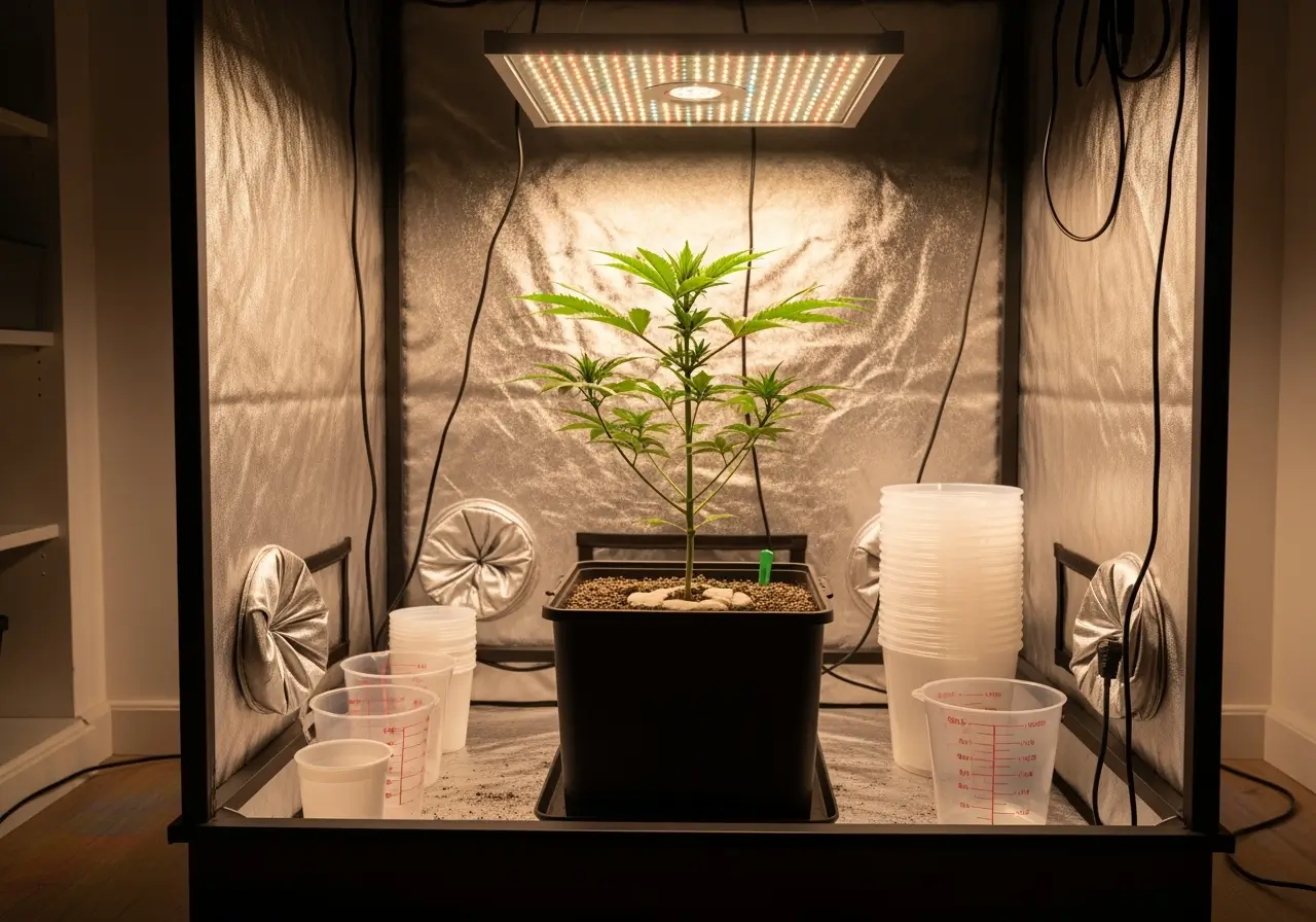Junge Cannabispflanze im modernen Indoor Grow Setup