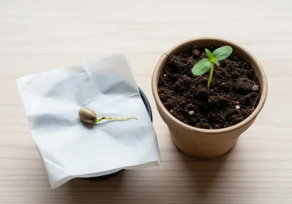 Keimprozess von Cannabis Samen auf feuchtem Küchenpapier, daneben ein Setzling im Topf