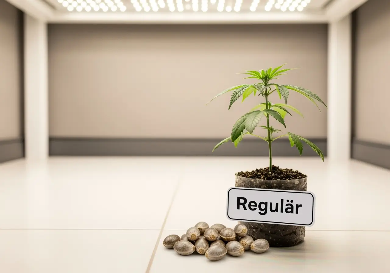 Reguläre Cannabis Samen und junge Pflanze im Topf
