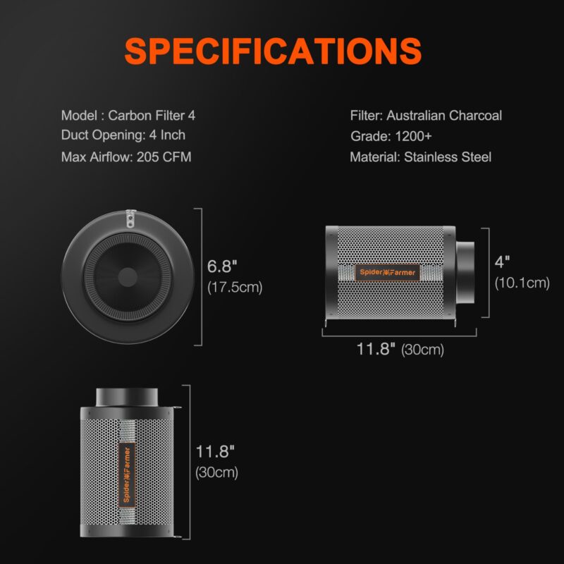 Spider Farmer 4 Zoll Aktivkohlefilter für Inline Kanalventilator, Geruchskontrolle, Hydrokultur, Anbauräume SF 4 6