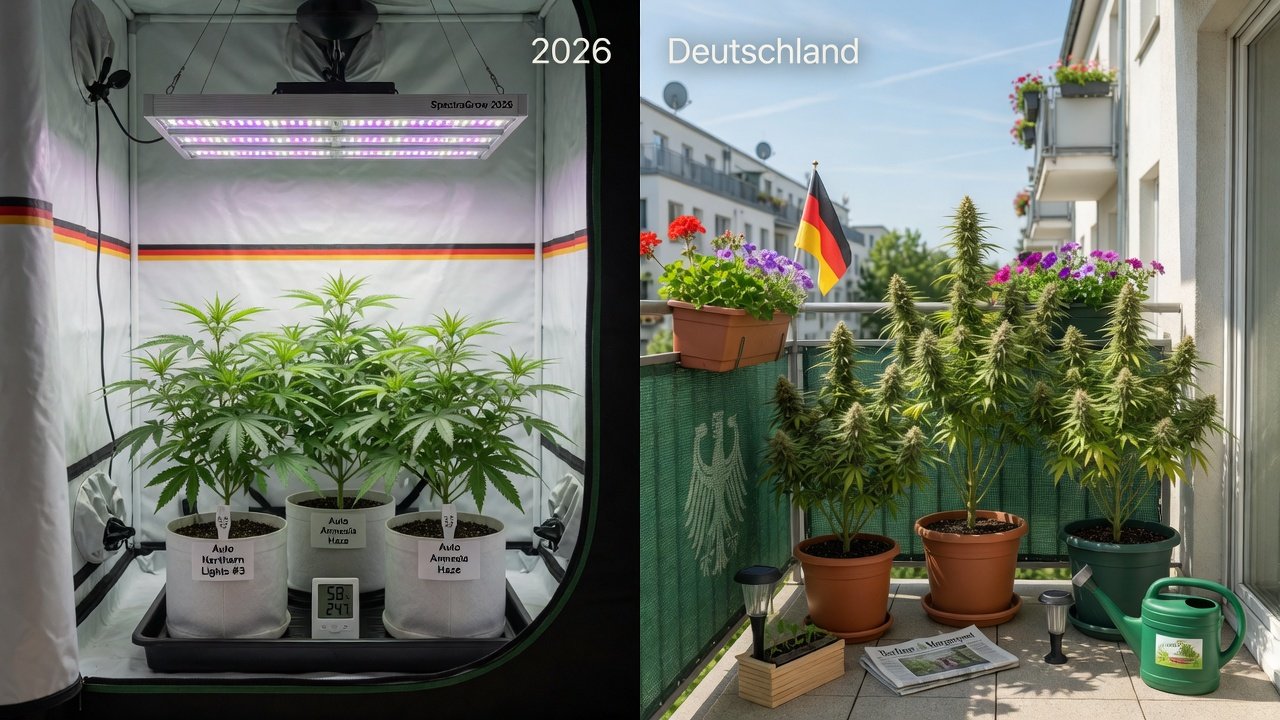 Cannabis Anbau legal in Deutschland 2026 – Drei Pflanzen im Indoor Grow Zelt und auf dem Balkon