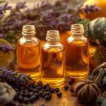 Ätherische Öle in Glasflaschen umgeben von Lavendel, Zitrus, Pfeffer und Kräutern – Cover der Cannabis-Terpenbibliothek