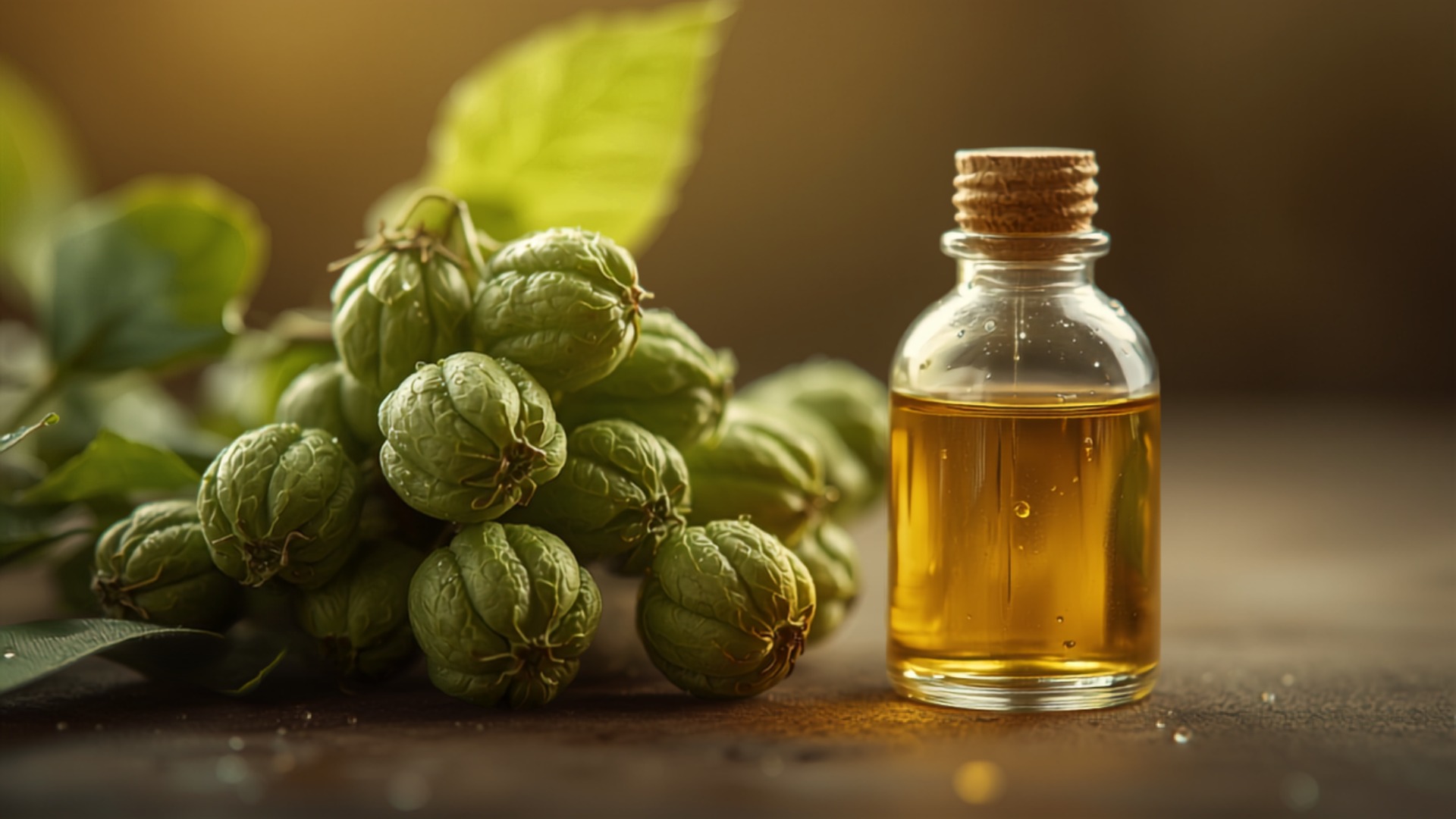 Frische grüne Hopfendolden mit ätherischem Öl – Symbolbild für das Terpen Humulen