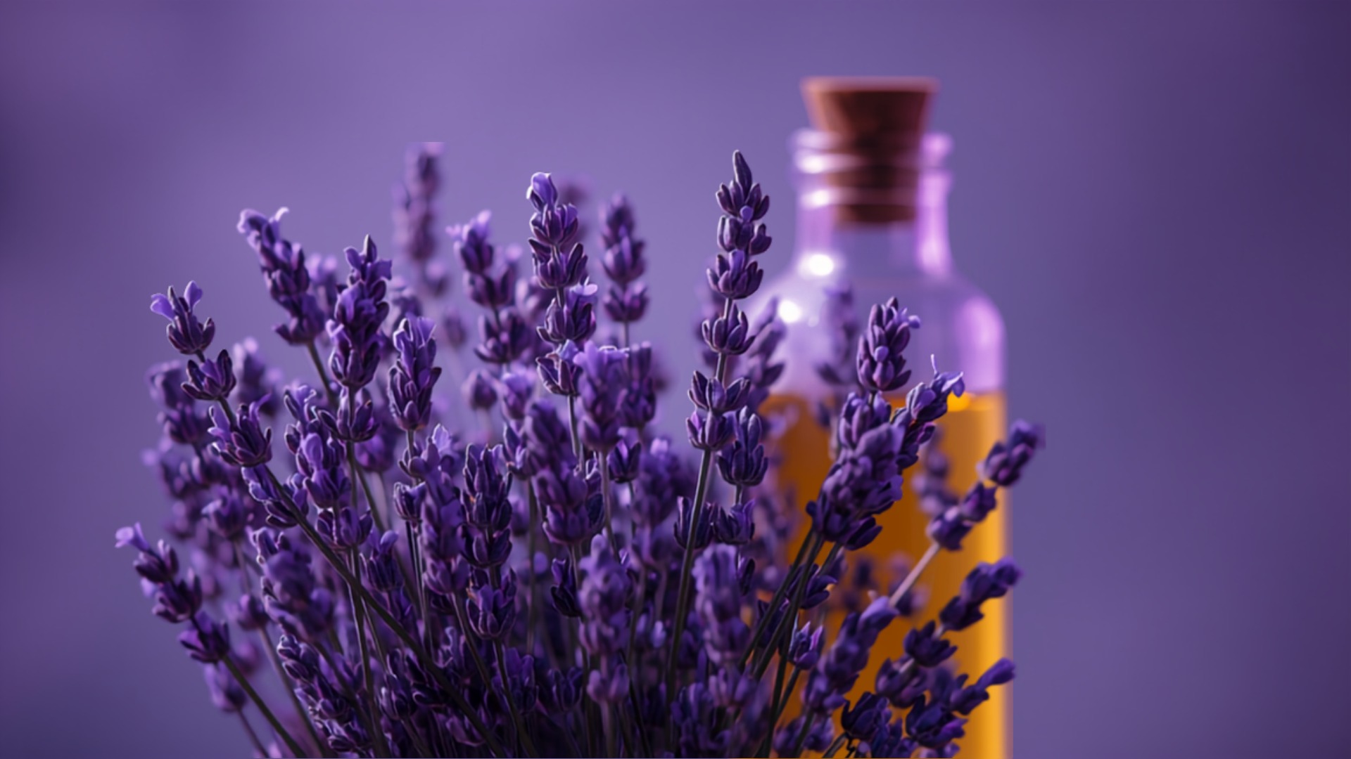 Frischer Lavendel mit einer Flasche amberfarbenem ätherischem Öl – Symbolbild für das Terpen Linalool