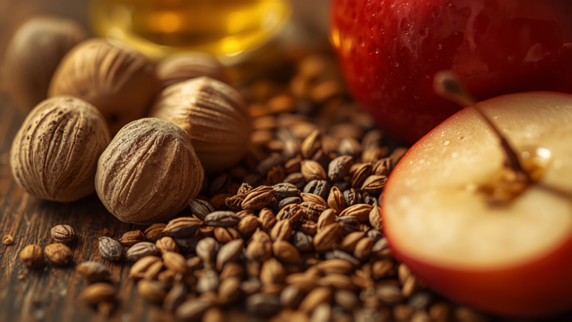 Muskatnuss, Kreuzkümmel und Apfel mit ätherischem Öl – Symbolbild für das Terpen Terpinolen