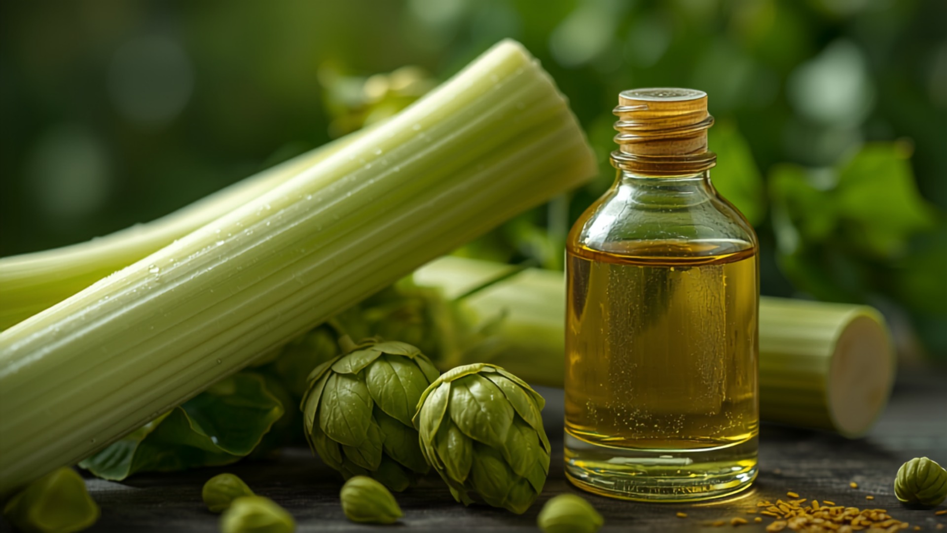 Frische Selleriestangen und Hopfendolden mit ätherischem Öl – Symbolbild für das Terpen Alpha-Selinen