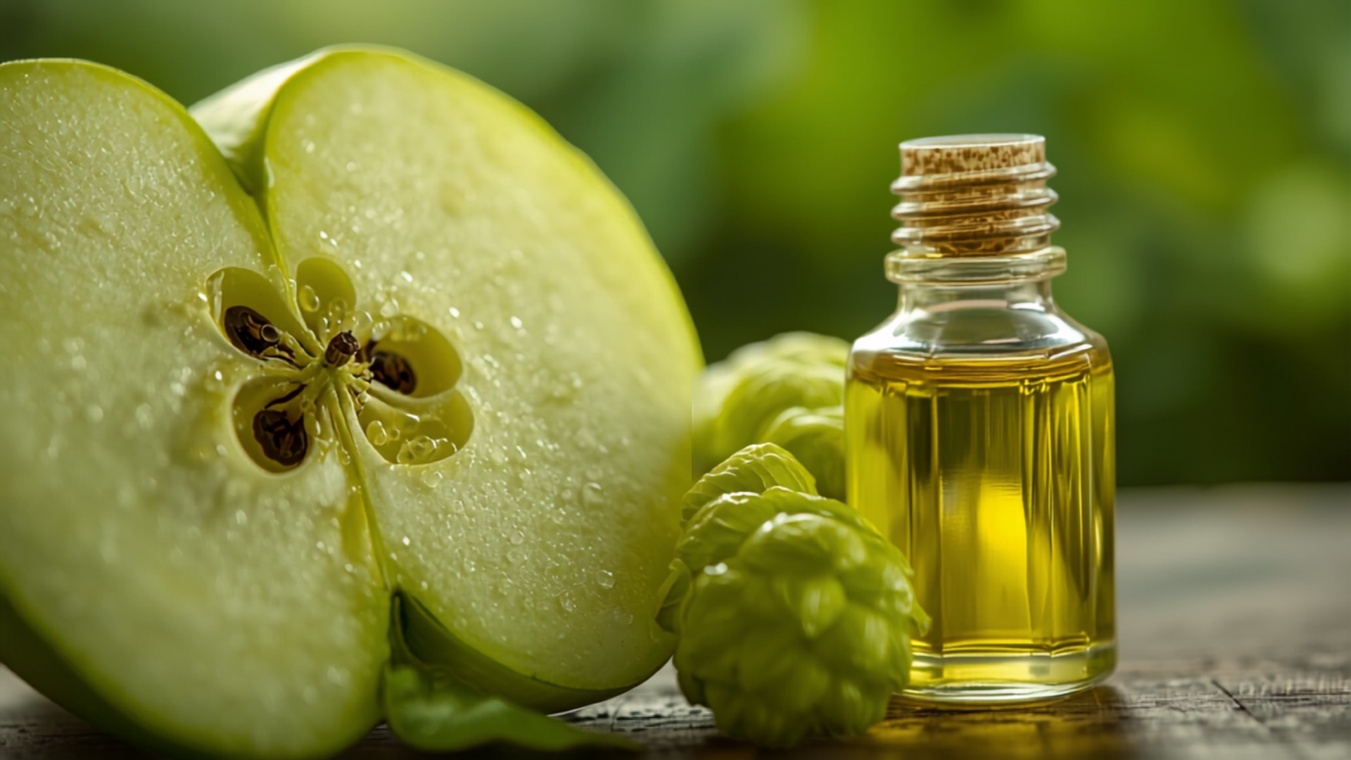 Grüner Apfel und Hopfendolden mit ätherischem Öl – Symbolbild für das Terpen Beta-Farnesen